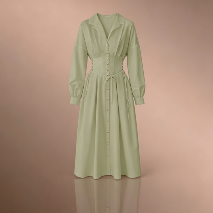 فستان طويل الأكمام ذو أزرار أمامية