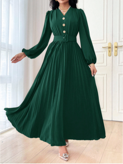 Modelyn اليوم الوطني السعودي فستان أبايا طويل أنيق للسيدات بأكمام فانوس وياقة على شكل حرف V وذيل مطوي، بلون أحمر زهري داكن