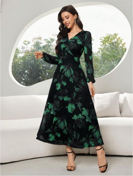 Modelyn فستان أنيق بأكمام طويلة وياقة على شكل حرف V للنساء