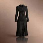 فستان طويل ذو طوق منقلب وطية مزدوجة الصدر