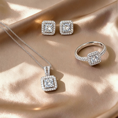 طقم مجوهرات فضي نسائي